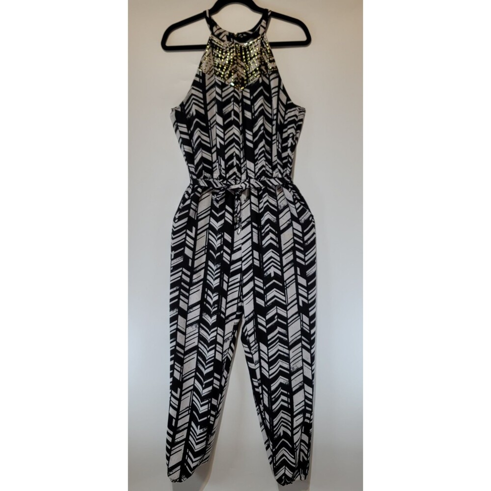 Marilyn Monroe Beaded Halter Black & White Geometric Belt/Zipper Jumpsuit Size M